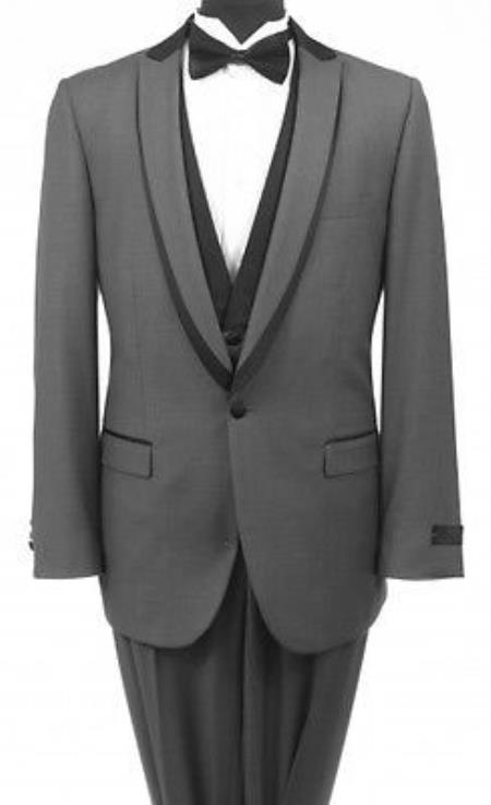 Bryan Michaels Flat Front Trousers Lapeled Vest Grey ~ Gray Liquid Jet Black One Button Grey Tuxedo Clearance Sale Online