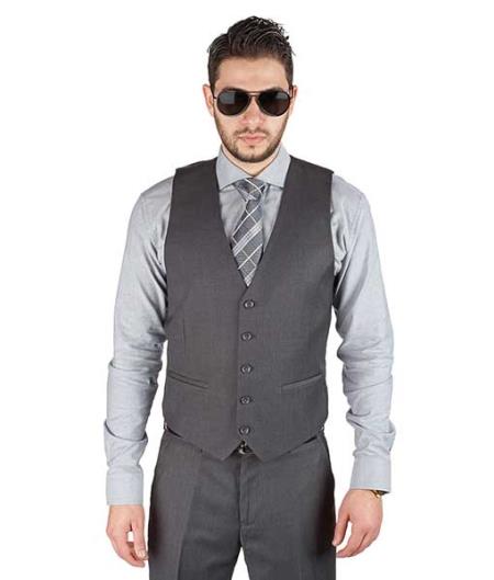  Grey Matching Fashionable 5 Button Vest + Pleated Slacks Or Flat Front Pants Slacks