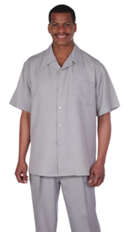 Shirt & Pleated Slacks Pants Solid Grey Short Sleeve trendy casual Sets 