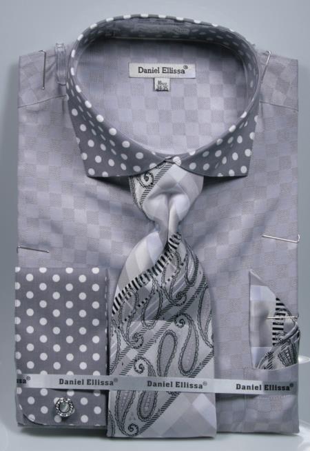  Grey Polka Dot Dress Shirts French Cuffed Matching Shirt & Tie Combo Set