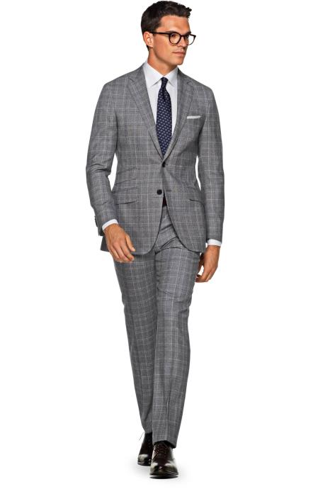  Men's 2 Button Wool Checked Pattern Notch Lapel Grey Slim Fit Suit