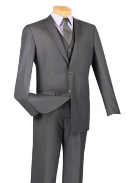 Men's 3 Piece 100% Wool Executive Heather Grey Suit - Narrow Leg Pants