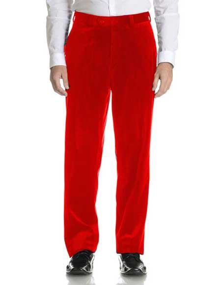  Men's Hot Red Modern Fit Velvet Flat Front Pant