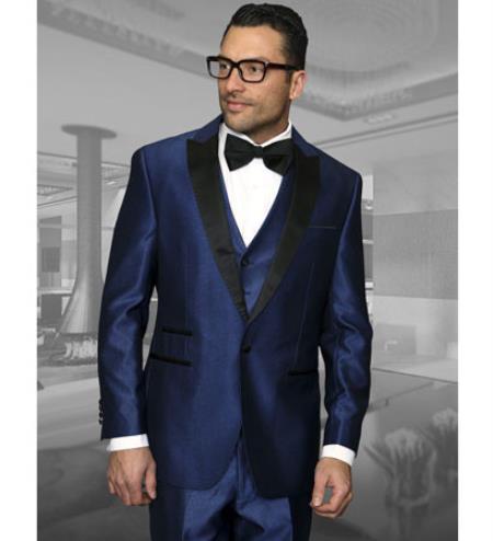 3 Piece Wool Fabric 1920s tuxedo style 1 Button Style Vested Peak Lapel Dinner Jacket Indigo Clearance Sale Online