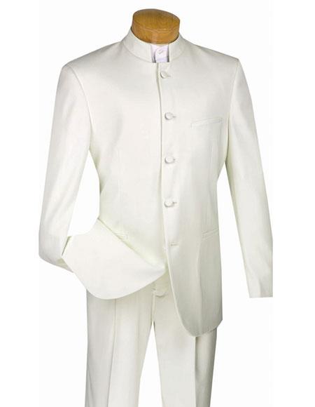  Men's Ivory Mandarin Banded Collar Design Suits with Single Pleated Pants 