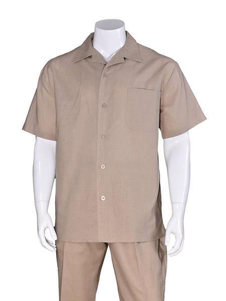  Men's Khaki Plain Short Sleeve Men's 2 Piece Linen Causal Outfits Casual Walking Suit Pleated Pant / Beach Wedding Attire For Groom-Mens linen suit
