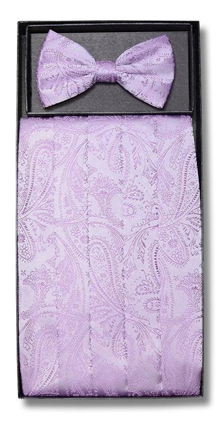  Men's Paisley Design Lavender Polyester Bowtie & Matching Cummerbund