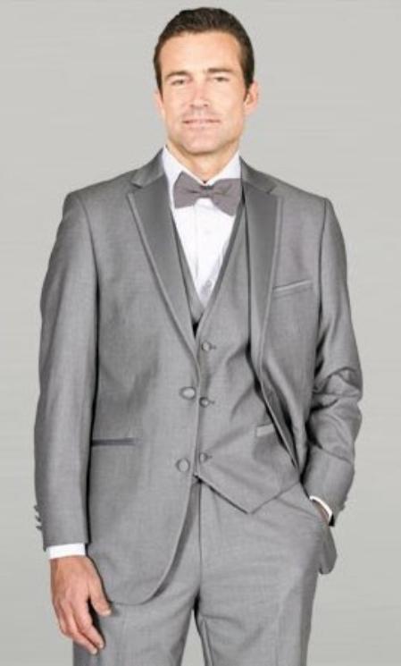 Light Grey ~ Gray Framed Notch Lapel with Vest Microfiber Wedding Grey Tuxedo