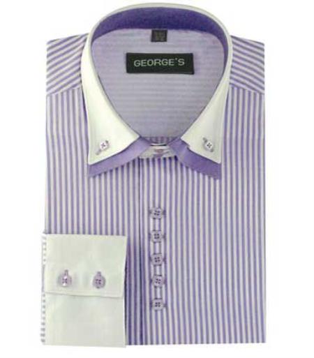  Long Sleeve Lilac Dress Shirt Two Tone Striped Standard Cuff White Collared Contrast 