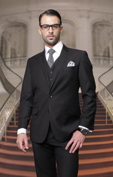 Big And Tall Or Extra Long Tall Vested Three piece 100% Wool Fabric Italian Dress Suit Liquid Jet Black 