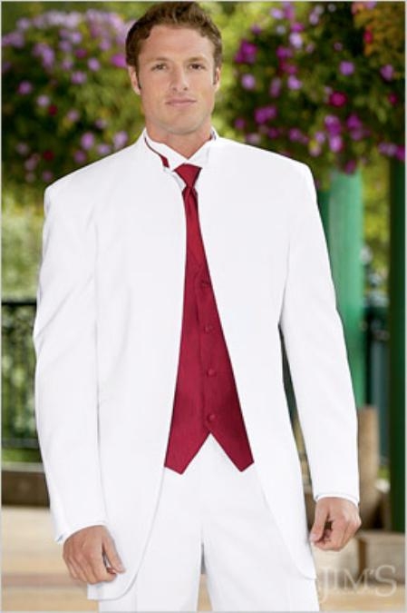 No Button Banded Collar no collar mandarin formal tux Jacket Suit + matching White Pants 