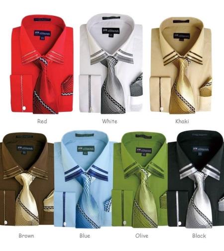 Solid Spread Collar Dress Shirt Set French Cuff Classic Fit Multi-color 