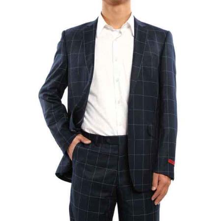  Navy Blue Shade 2 Button Style Windowpane Slim narrow Style Fit Single Breasted Italian Styled Suit