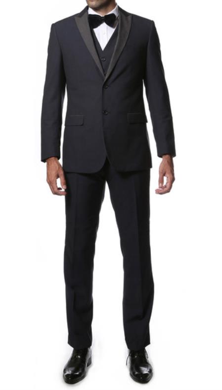 3 Piece Midnight Navy Blue Shade Peak Lapel Superior Fabric Slim narrow Style 1920s tuxedo style Vested 1920s tuxedo style