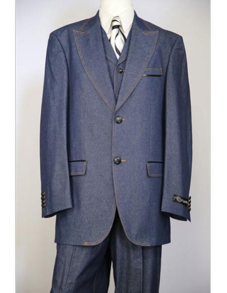  men's navy blue brass & faux leather accents denim 3pc zoot Suit For sale ~ Pachuco men's Suit Perfect for Wedding