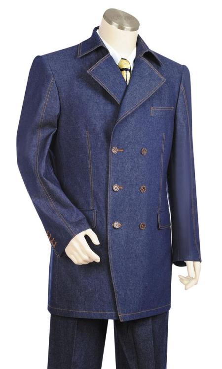  men's Button Fastener Double Breasted Trench Collar Navy Blue Zoot Suit