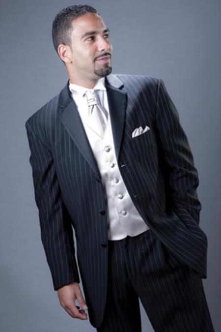 pronounce visible Blck Pinstriped With Statin Lapel Tuxedo Suit Available in 2 or 3 Buttons Style 7 days delivery