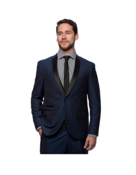  Men's West End Navy Young Look Slim Fit Collar Satin-Detailed Tuxedo Clearance Sale Online