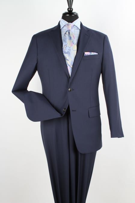 2 Piece 100% Wool Fabric Executive Suit - Notch Lapel Solid Navy 
