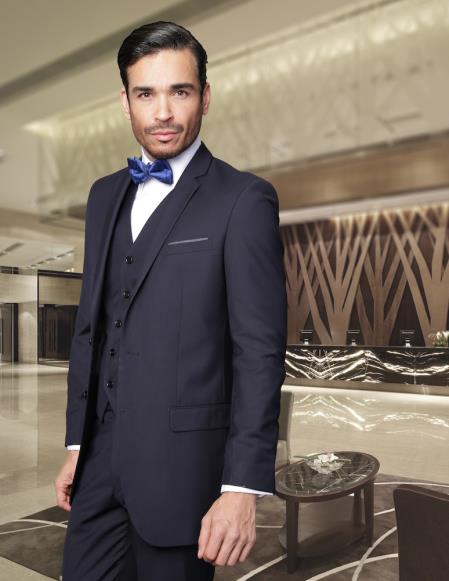 men's Skinny, Low Rise, Slim Tapered Leg European Vested Fitted Suit in Super 150's Wool Fabric Navy Blue