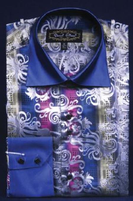 Fancy Polyester Dress Fashion Shirt With Button Cuff Navy 