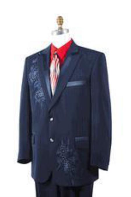 Navy Poly Woven Rhinestone Entertainer Athletic Cut Suits Classic Fit 