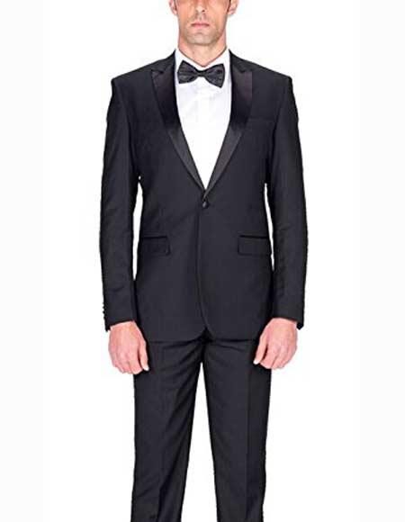 Men's 1 Button Authentic Braveman Black Single Breasted Slim Fit 1920s tuxedo style Suit With Satin Peak Lapels