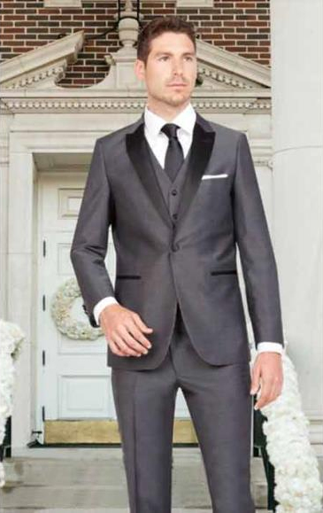  Men's 1 Button Dark Gray Sharkskin Slim Fit Satin Peak Lapel Vested 1920s Tuxedo Style