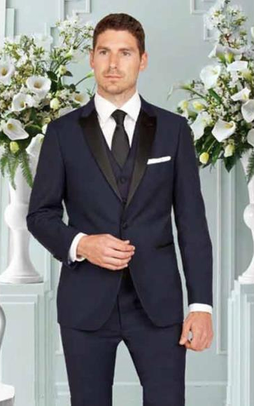  Men's 1 Button Slim Fit Ink Blue Satin Peak Lapel With Matching Vested 1920s Tuxedo Style