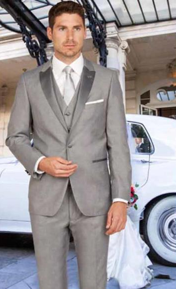  Men's 1 Button Slim Fit Satin Peak Lapel Light Gray With Matching Vested 1920s Tuxedo Style