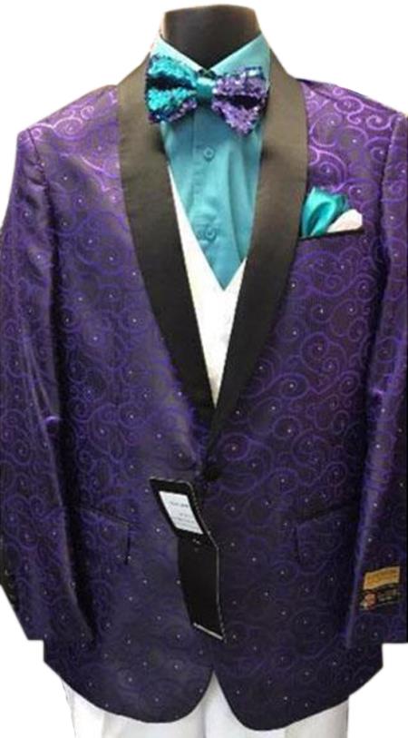 Alberto Nardoni Best men's Italian Suits Brands Designer men's Purple Floral ~ Paisley Sport Coat Blazer Dinner Jacket Black and Purple Tuxedo With Black lapel Shawl Collar 