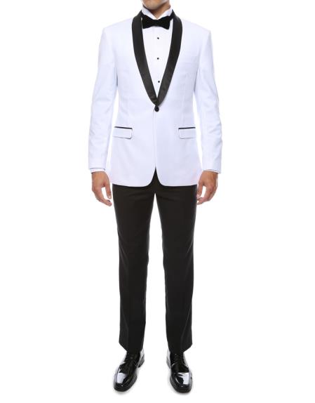  Men's One Button Shawl Lapel White 2 Piece Single Breasted Slim Fit Tuxedo Suit