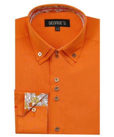  Men's 60% Cotton 40% POLY Solid Orange Shirt Double Collar Design Sleeves 
