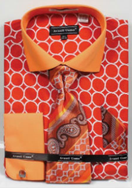 Avanti Uomo Printed Pattern French Cuff Dress Shirt Orange 