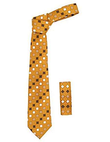  Men's Burnt Orange Geometric Square Pattern Trendy Necktie With Hanky Set