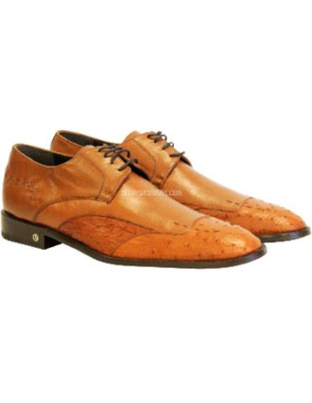 Men's Full Leather Handcrafted Vestigium Genuine Ostrich Derby Cognac Shoes 