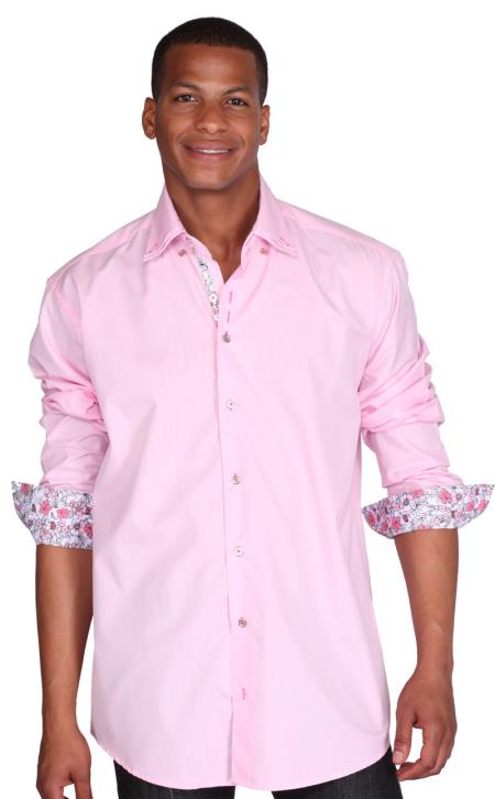  Men's 60% Cotton 40% POLY Shirt Solid Pink Color Double Collar