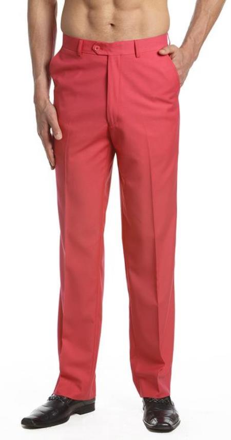 Dress Pants Trousers Flat Front Slacks Coral Pink 