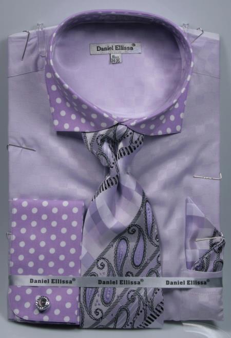  Polka Dot Dress Shirts French Cuffed Matching Shirt & Tie Combo Lavender Set 