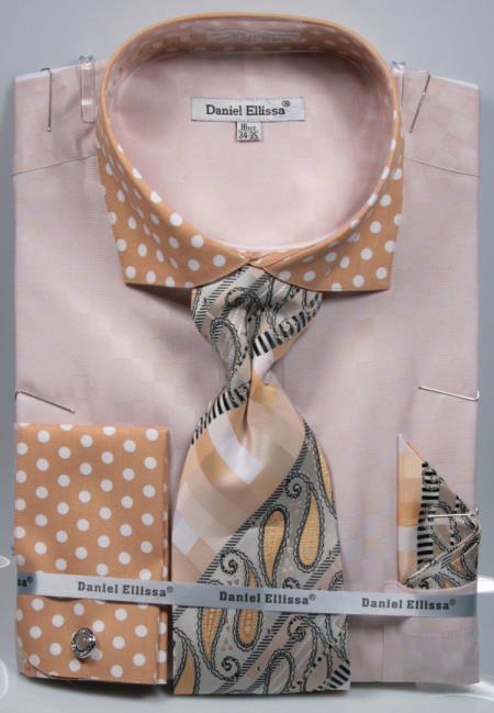 Polka Dot Sand Dress Shirts French Cuffed Matching Shirt & Tie Combo Set 