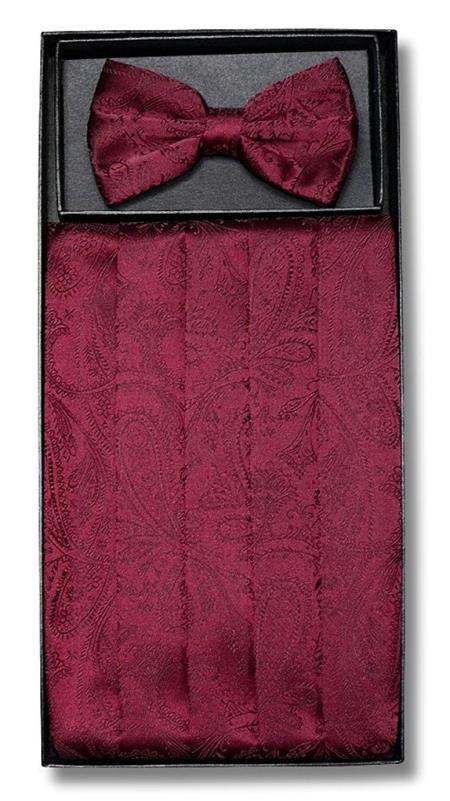  Men's Burgundy Polyester Bowtie & Matching Cummerbund Paisley Design