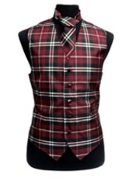  Men's Black/White/Burgundy Slim Fit Polyester Plaid Design Vest/Bow Tie Fashion Set
