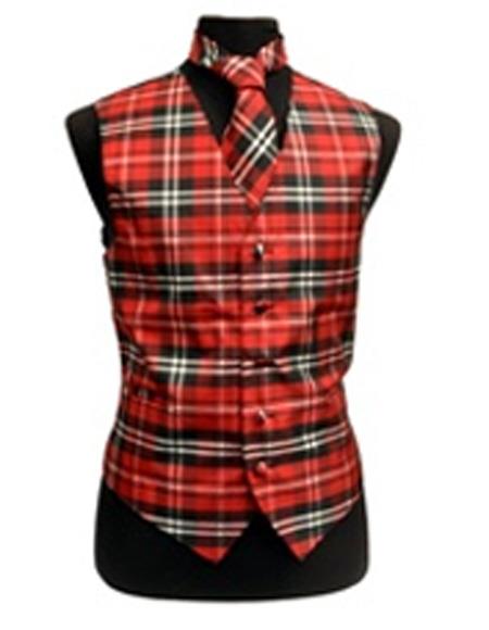 Mens Slim Fit Polyester Black/White/Red and Black Vest Plaid Design Vest/Bow Tie Fashion Set 
