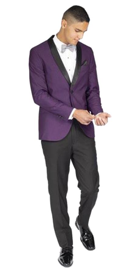  Men's Slim Fit Purple 1 Button Black and Purple Tuxedo with Shawl Lapel Clearance Sale Online