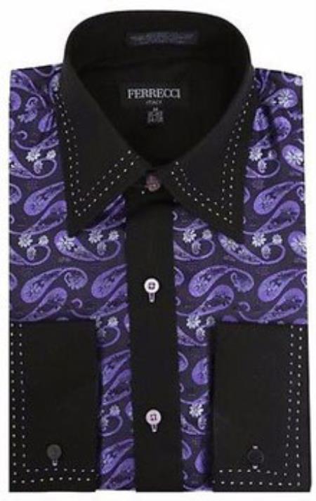 Purple/Black Microfiber Design Paisley Regular Fit Dress Shirt 