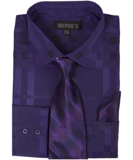  Men's 60% Cotton 40% Polyester Purple Dress Shirt Shadow Striped Tie with Hanky