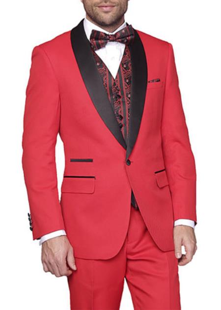 Two Toned Lapel Capri-Red 1-Button vested Suit Tuxedo with Bow Tie Clearance Sale Online