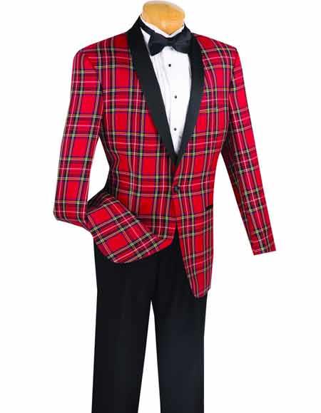  Men's Red Shawl Lapel Plaid ~ Windowpane Dinner Blazer & Sportcoat Jacket