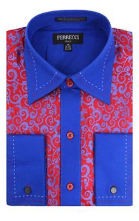 Microfiber Design French Cuff Paisley Regular Fit Red/royal blue pastel color Blends Dress Shirt 