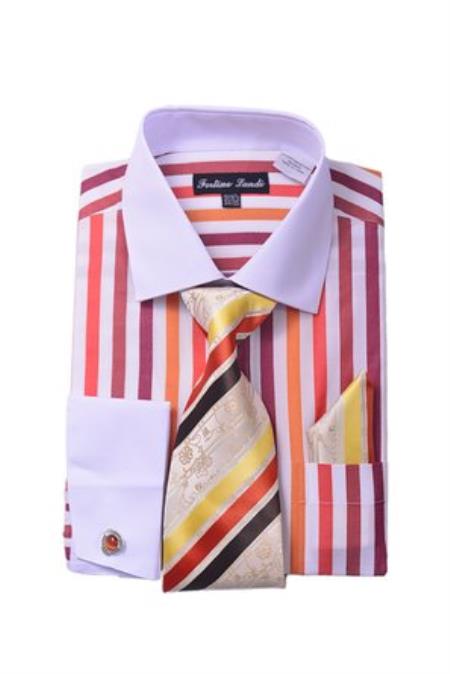  red color shade Unique Stripe Fashion Shirt Tie White Collared color shade Contrast And Hanky Matching Color